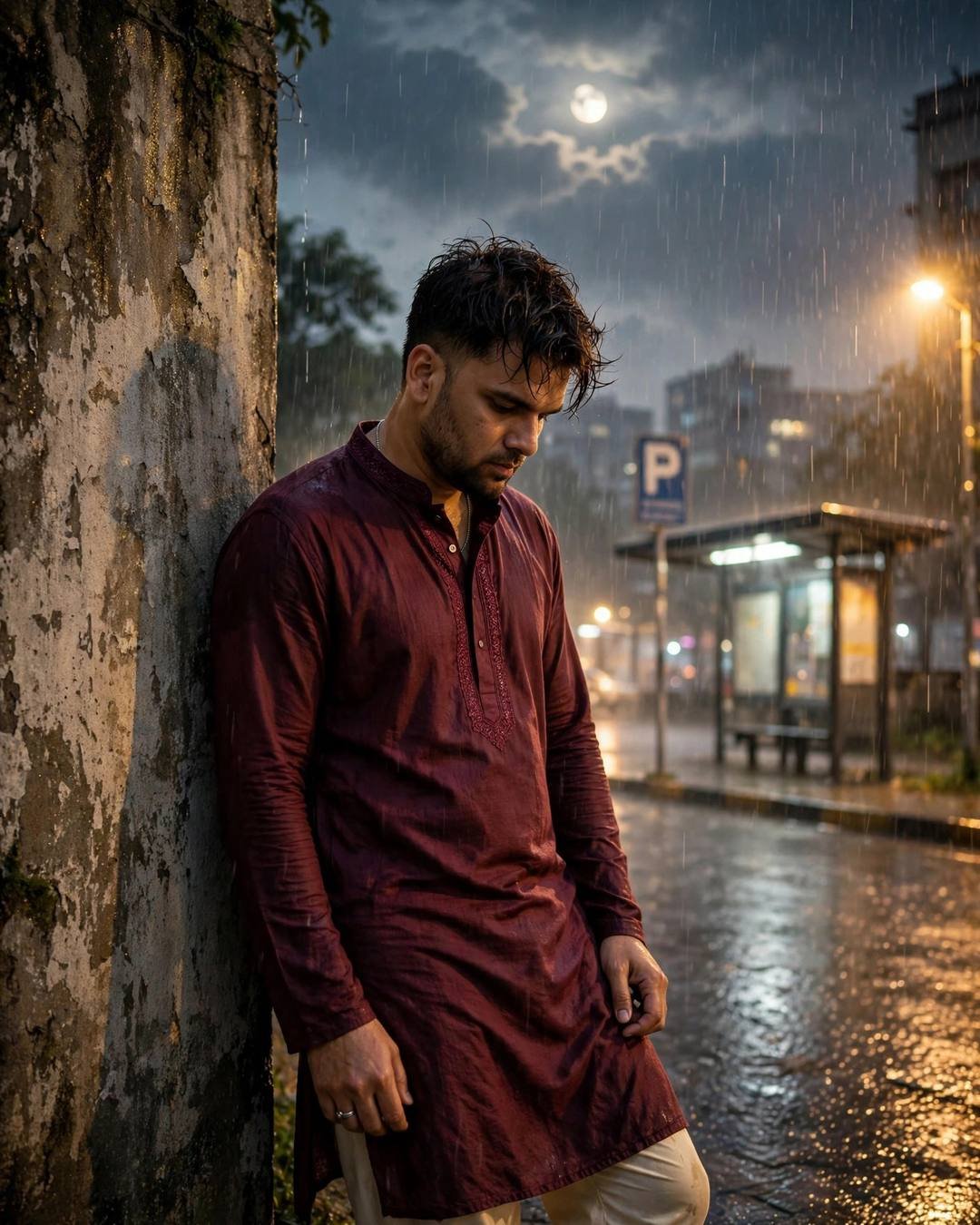 Young man in maroon kurta leaning against a weathered wall at a rain-soaked bus stop under a cloudy moon