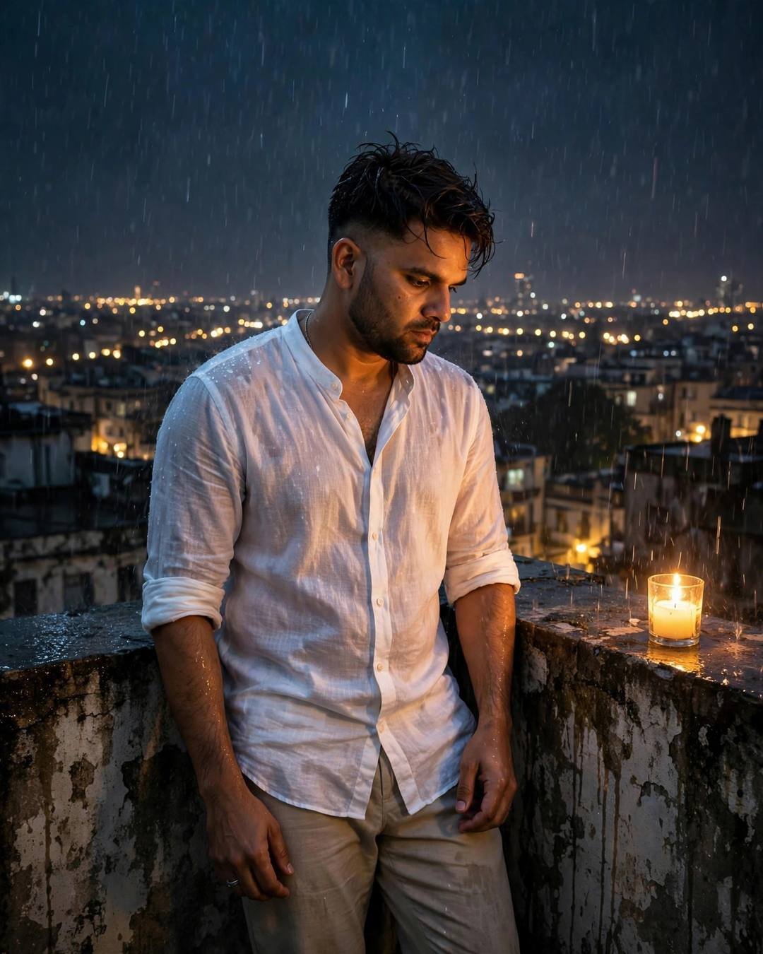 Young man in soaked white shirt on a midnight rooftop looking down at a candle burning in the rain