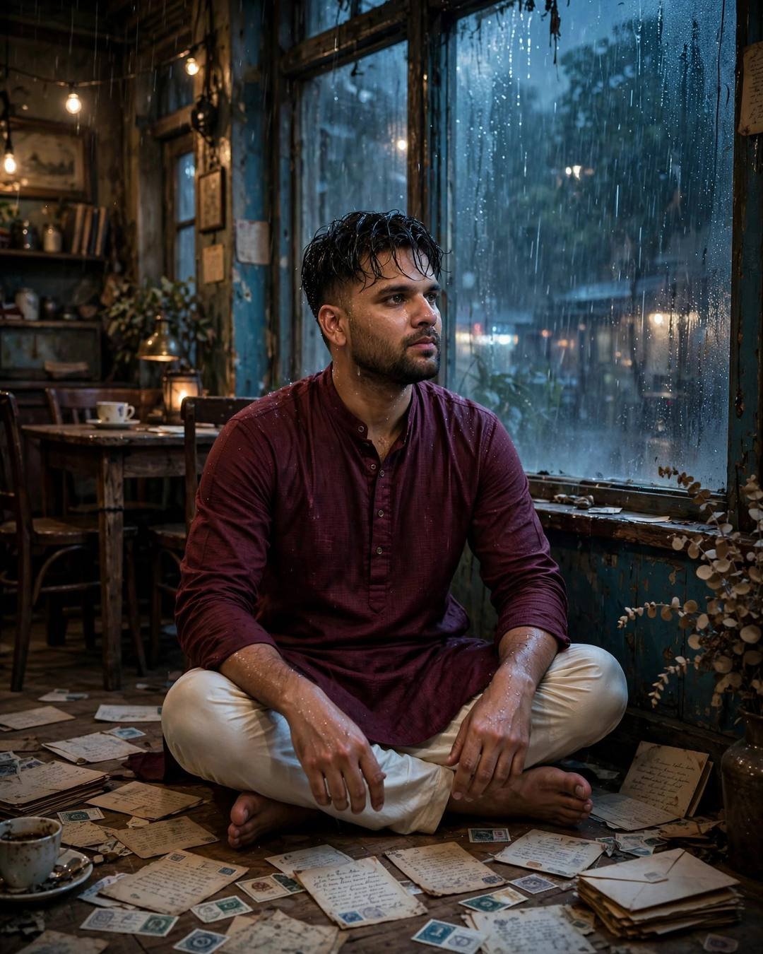 Young man in maroon kurta sitting cross-legged among letters in an old cafe gazing through a rain-streaked window