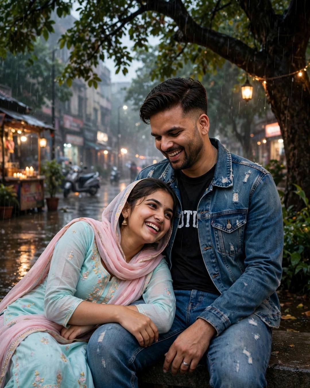Reunited couple laughing under a rain-washed tree on a city street, man in distressed denim jacket, woman in pastel salwar-kameez