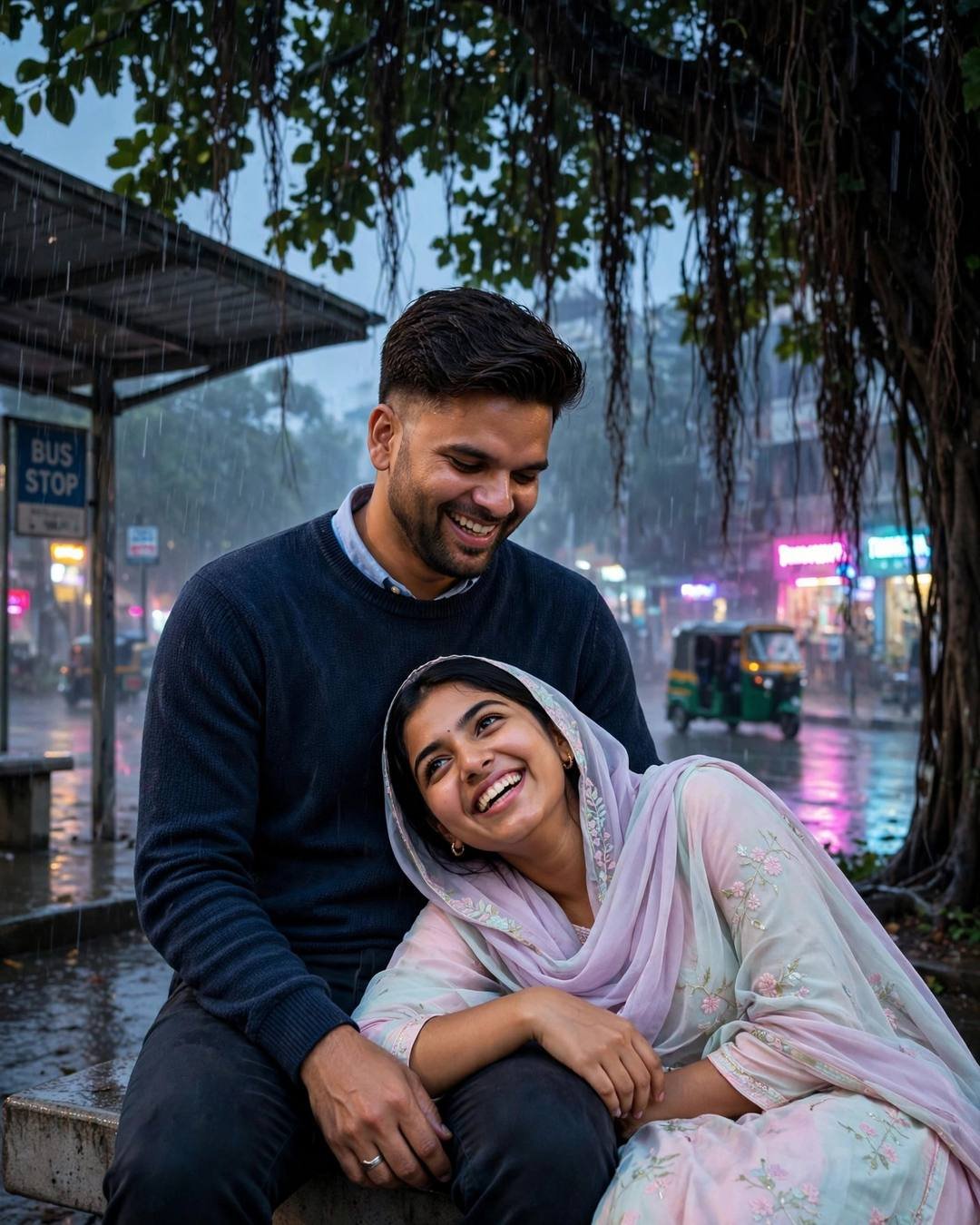 Reunited couple laughing at a rainy bus stop at dusk, woman in pastel salwar-kameez leaning on a man in a navy sweater