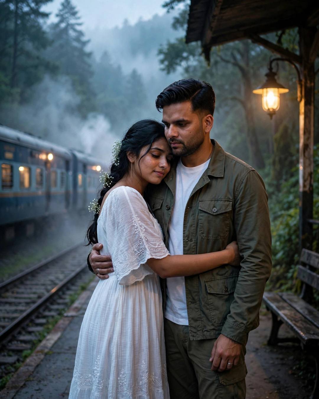 Couple sharing a last embrace on a foggy railway platform beside a waiting train, man in olive field jacket, woman in white dress