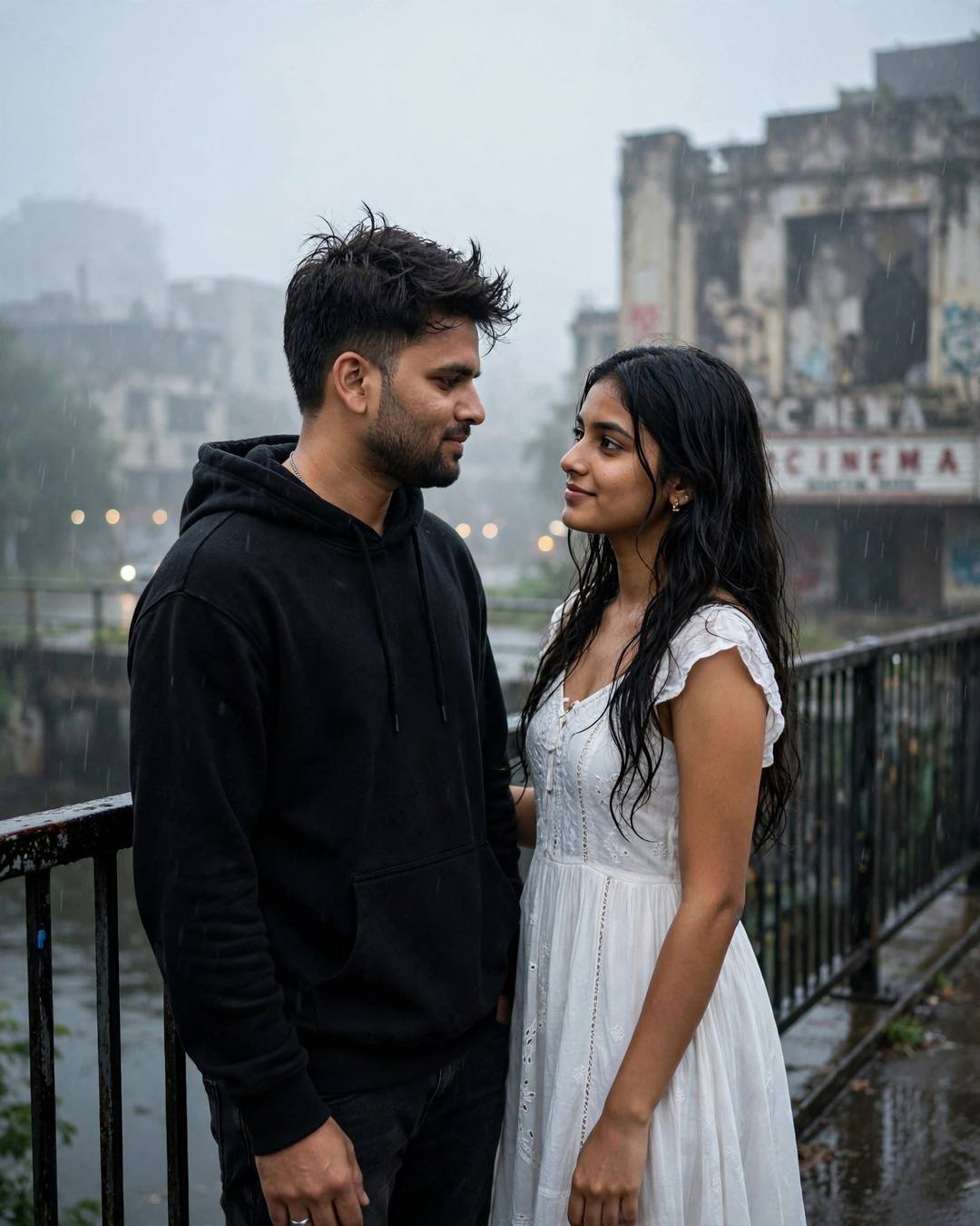 Couple standing close on a rainy bridge looking at each other, man in black hoodie, woman in white summer dress, old cinema behind
