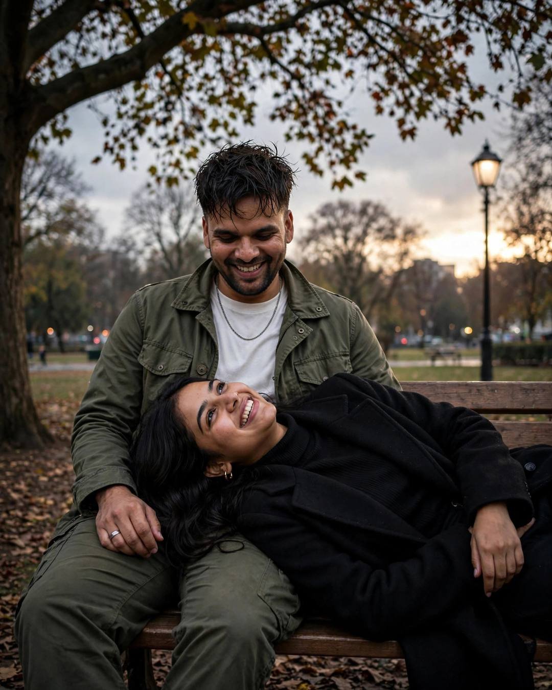 Young Indian couple on a park bench at night, woman's head resting in man's lap, both laughing, man in olive field jacket, autumn leaves drifting, lamplight
