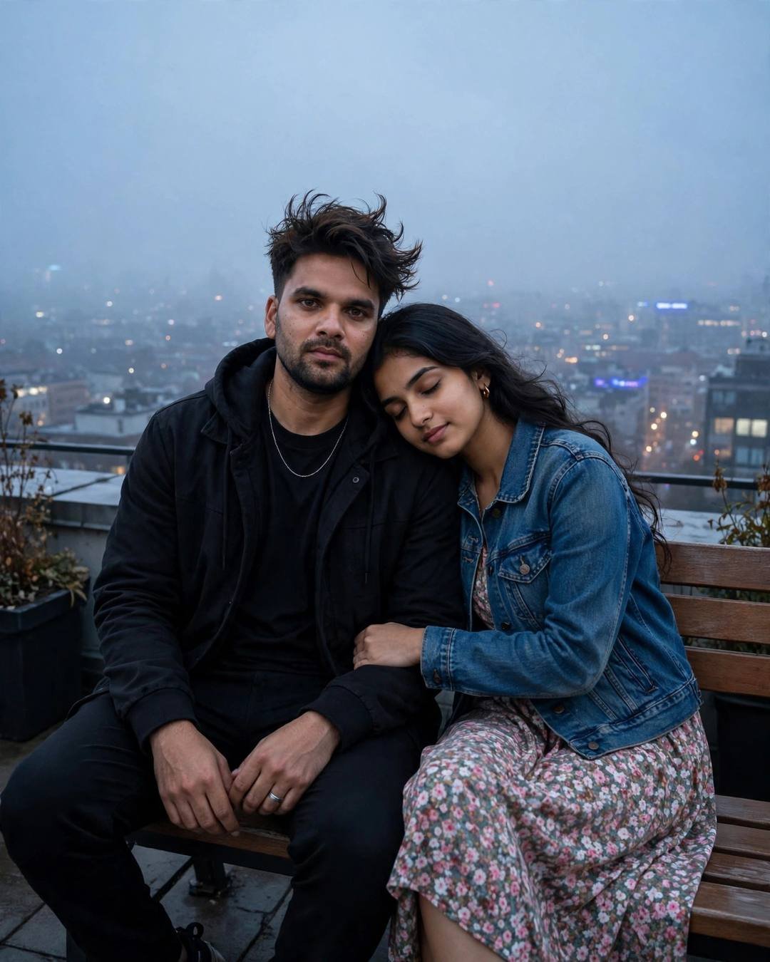 Young Indian couple slow dancing on a rooftop in monsoon rain, man in black streetwear, woman in denim jacket over floral dress, blue hour city behind