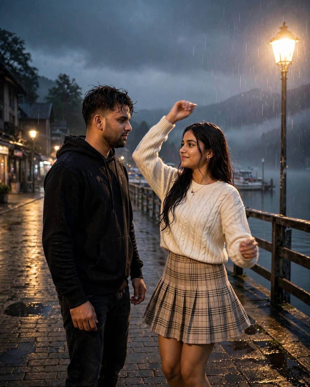 Young woman dancing in the rain on a lake pier at midnight while a young man in a black hoodie watches, streetlight glowing