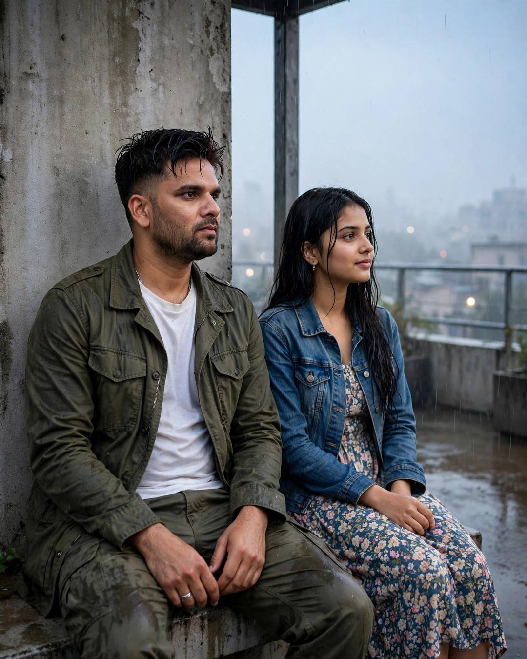 Couple sitting side by side with backs against a wall on a rain-soaked rooftop at midnight, gazing at city lights