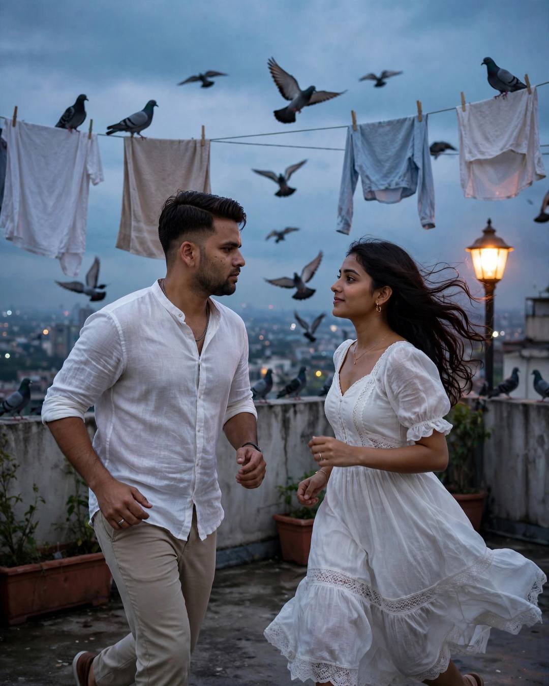 Couple running toward each other on a windy rooftop terrace at dusk, clotheslines and pigeons overhead, lamp glowing