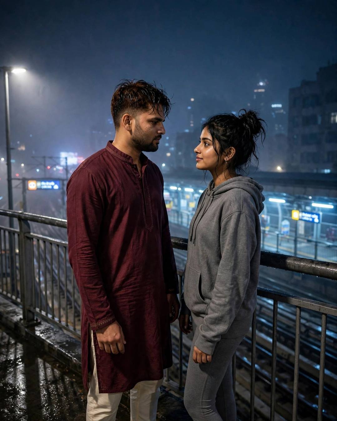 Couple standing face to face on a bridge above a foggy metro station at night, looking at each other