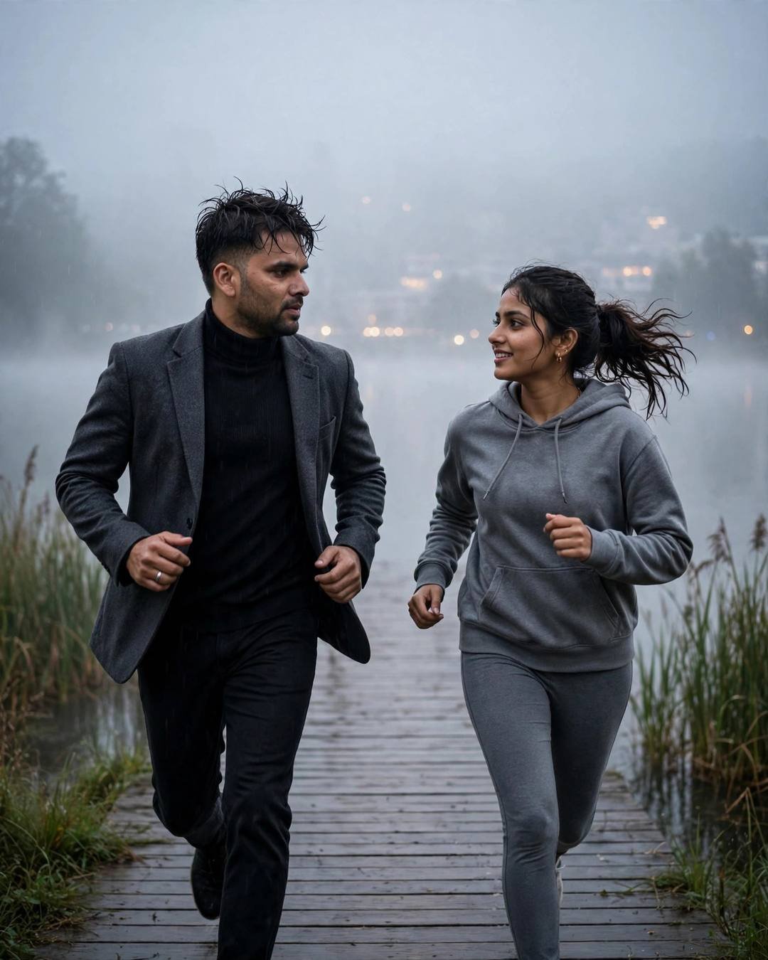 Couple running toward each other on a foggy lake pier at dawn, man in charcoal blazer, woman in grey hoodie