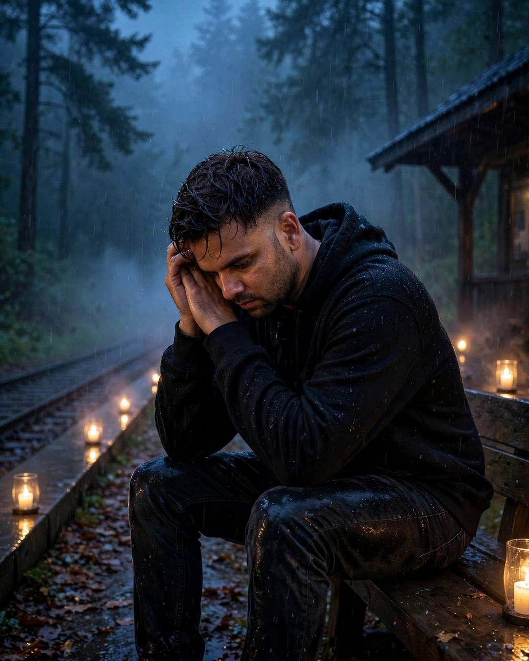 Man sitting on a bench on a misty forest path at night with his head in his hands, candles burning along the path, black hoodie