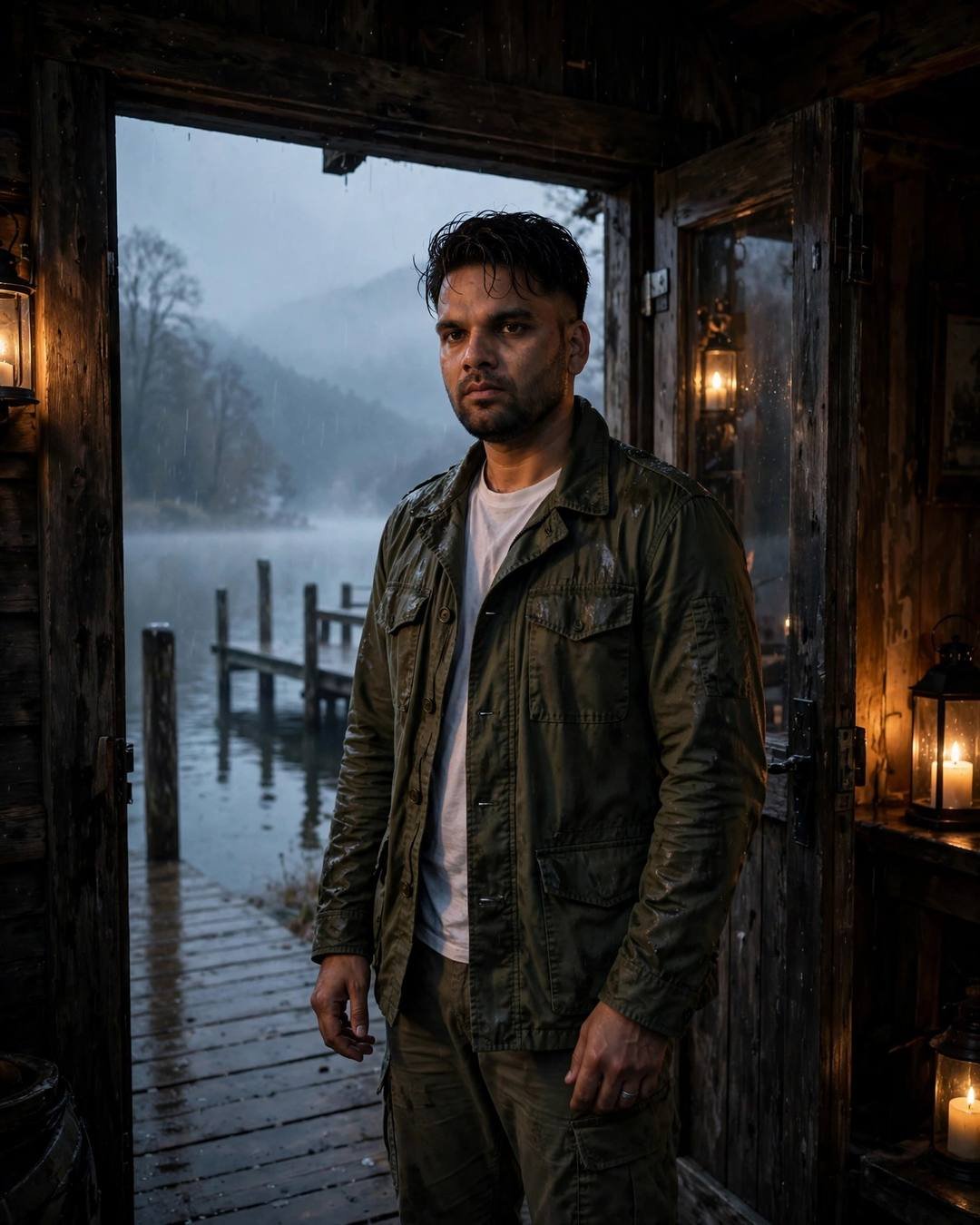 Man standing in a wooden doorway by a misty lake pier at dawn in an olive field jacket, lanterns glowing warm behind him