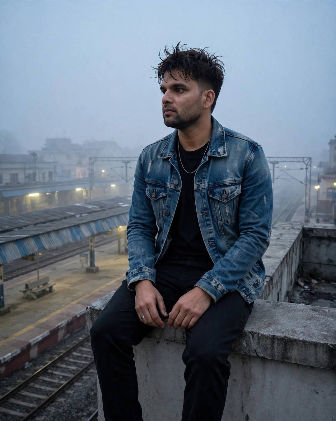 Man in a distressed denim jacket sitting on a rooftop ledge at dawn above a foggy empty railway platform