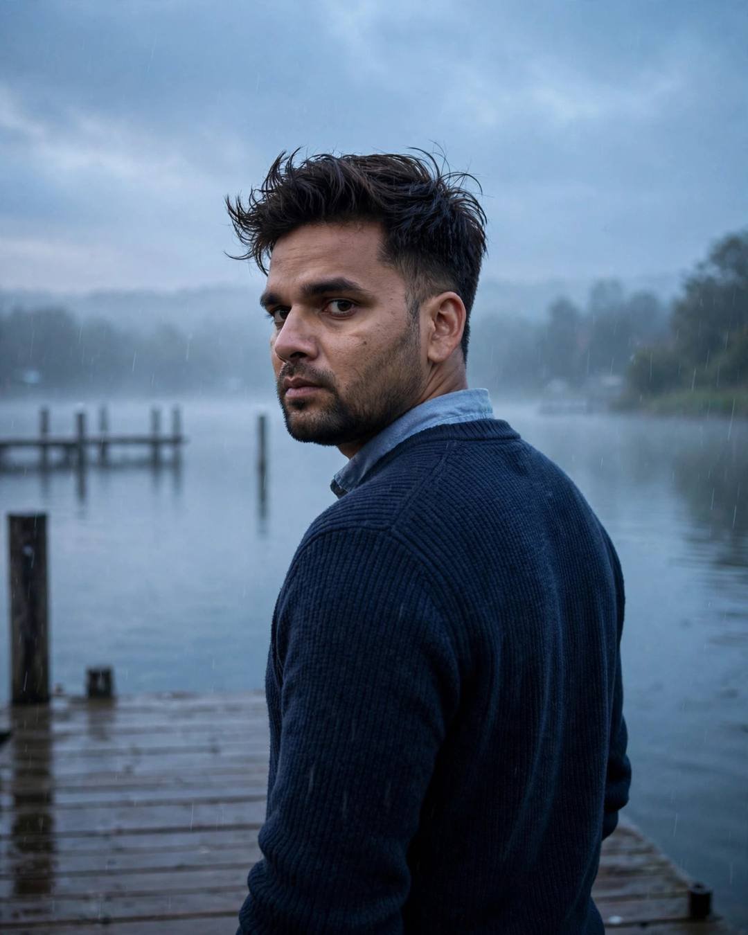 Young Indian man in navy sweater over collared shirt standing on a misty wooden lake pier in drizzle at dawn, looking back over his shoulder