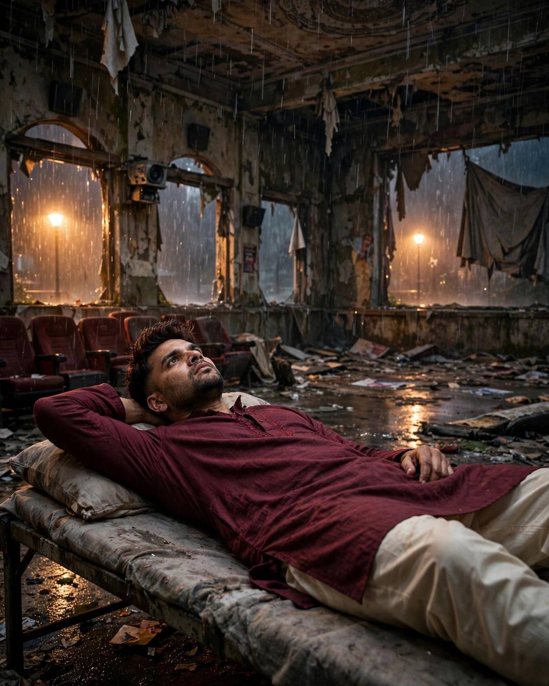 Young Indian man in maroon kurta lying on a cot inside an abandoned cinema hall at night, rain falling through the broken roof, warm streetlamp glow through arched windows