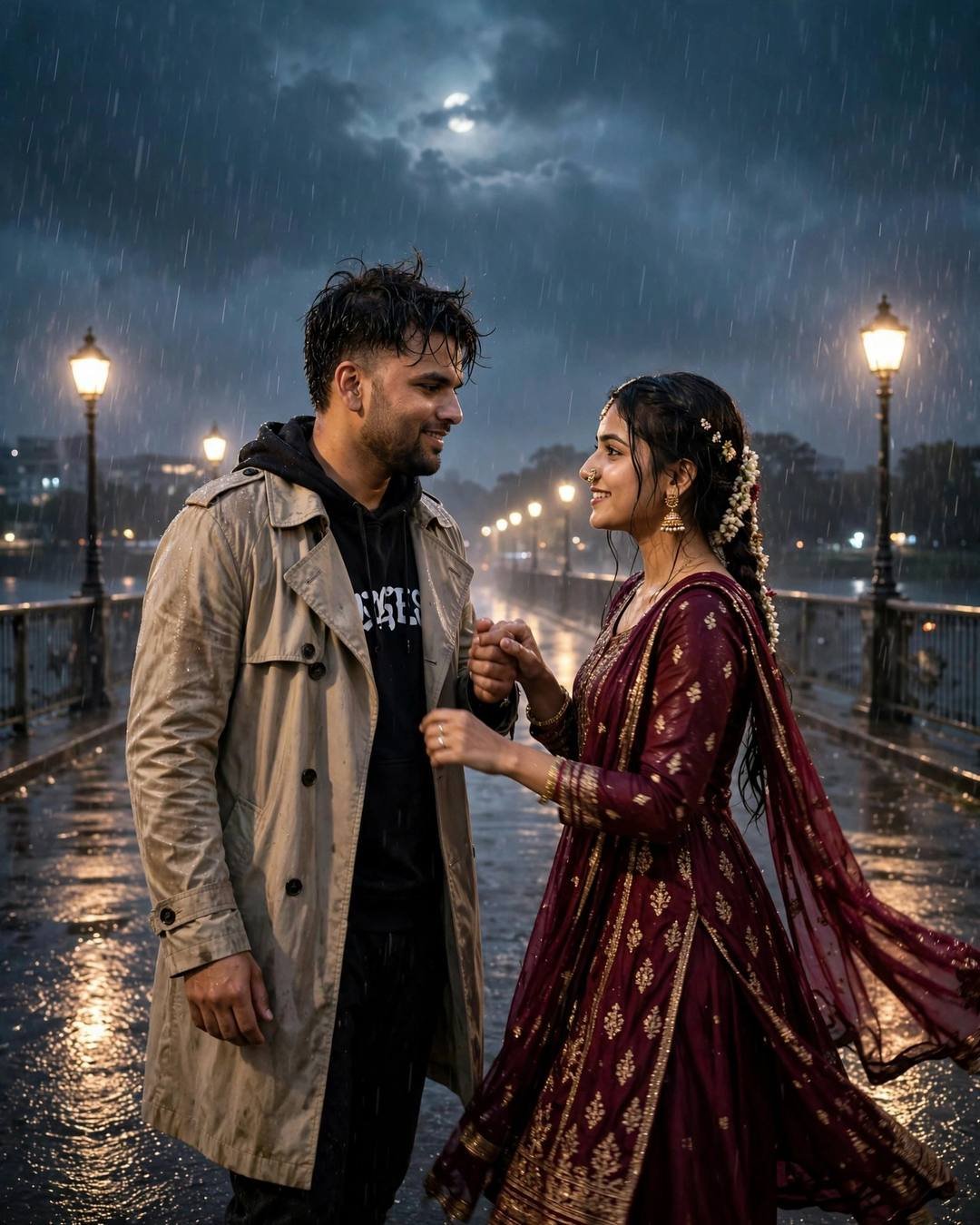 Young Indian couple slow dancing on an empty rain-soaked street at night, man in beige trench coat, woman in maroon anarkali with jhumkas, streetlights and moon through monsoon clouds