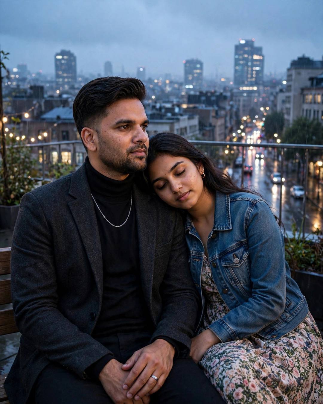 Young Indian couple sitting close on a rooftop bench at blue hour, woman resting head on man's shoulder, man in charcoal blazer, city lights bokeh behind