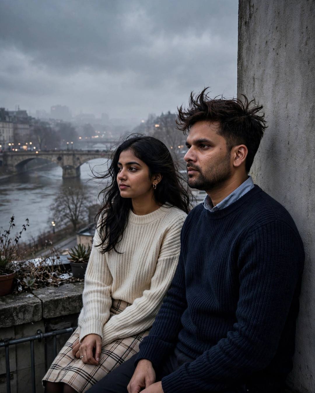 Young Indian couple sitting with backs against a wall on a rooftop at night, man in navy sweater, woman in cream knit top, bridge over river with lights behind