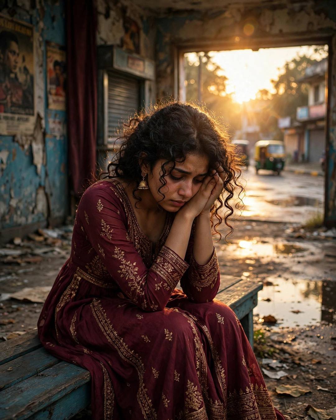 Young Indian woman with curly hair in maroon embroidered anarkali sitting on a bench with head in hands, golden sunset backlight with lens flare on a wet street