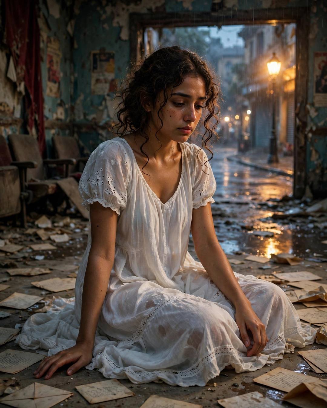 Young Indian woman in flowing white dress sitting cross-legged on the floor surrounded by old letters in a derelict room, warm streetlamp light through a doorway