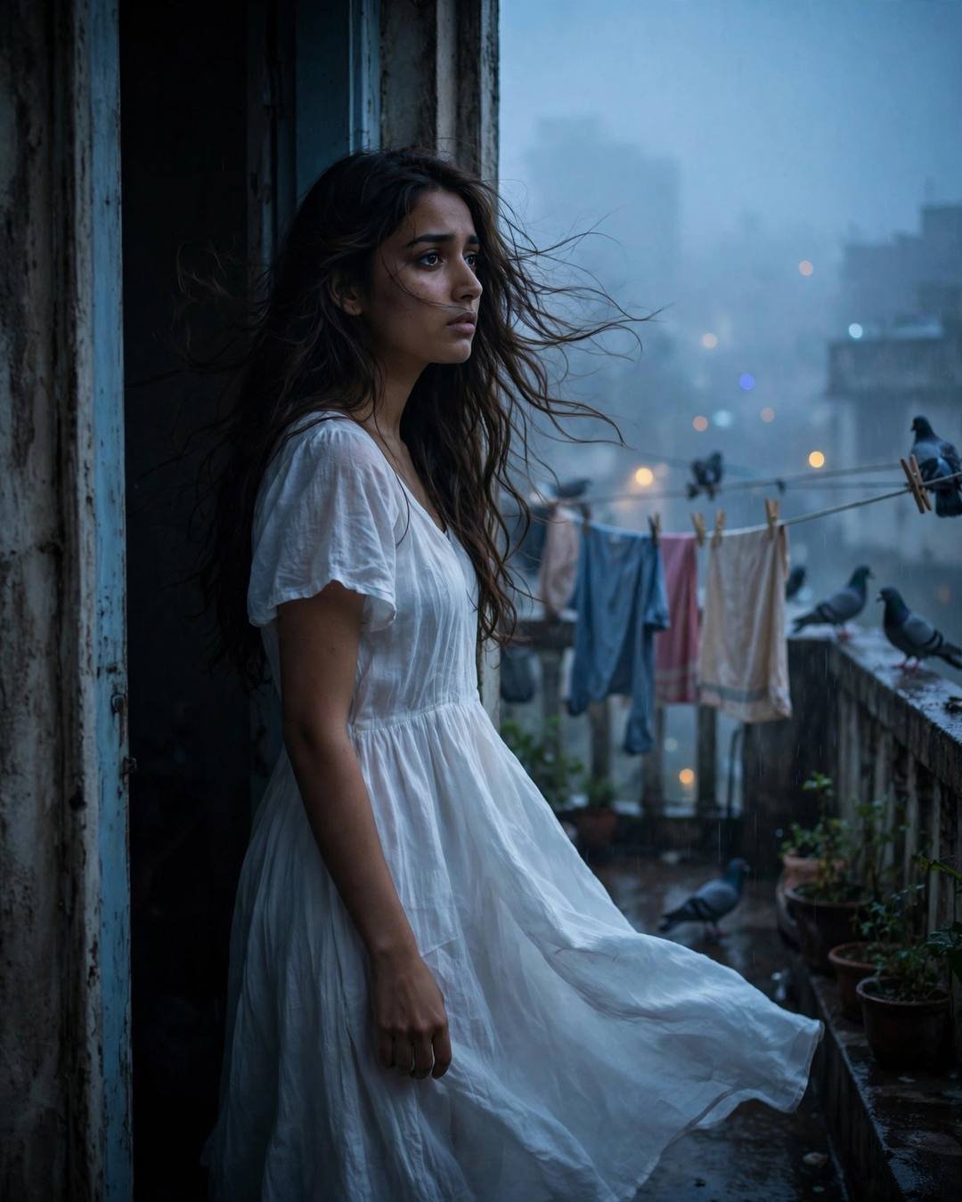 Young Indian woman in white dress standing in a shadowed doorway on a foggy terrace, long hair blowing in the wind, clothes lines and pigeons behind her, city glow in fog