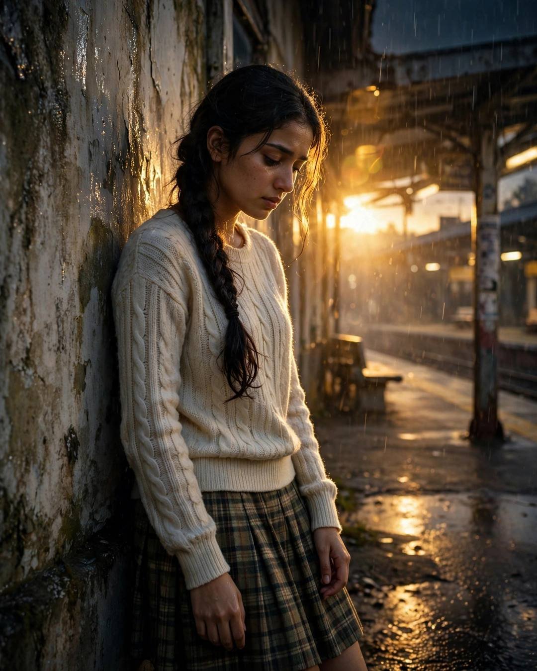 Young Indian woman with long braid in cream knit top and plaid skirt leaning against a weathered wall on an empty railway platform at night, golden backlight with lens flare in drizzle