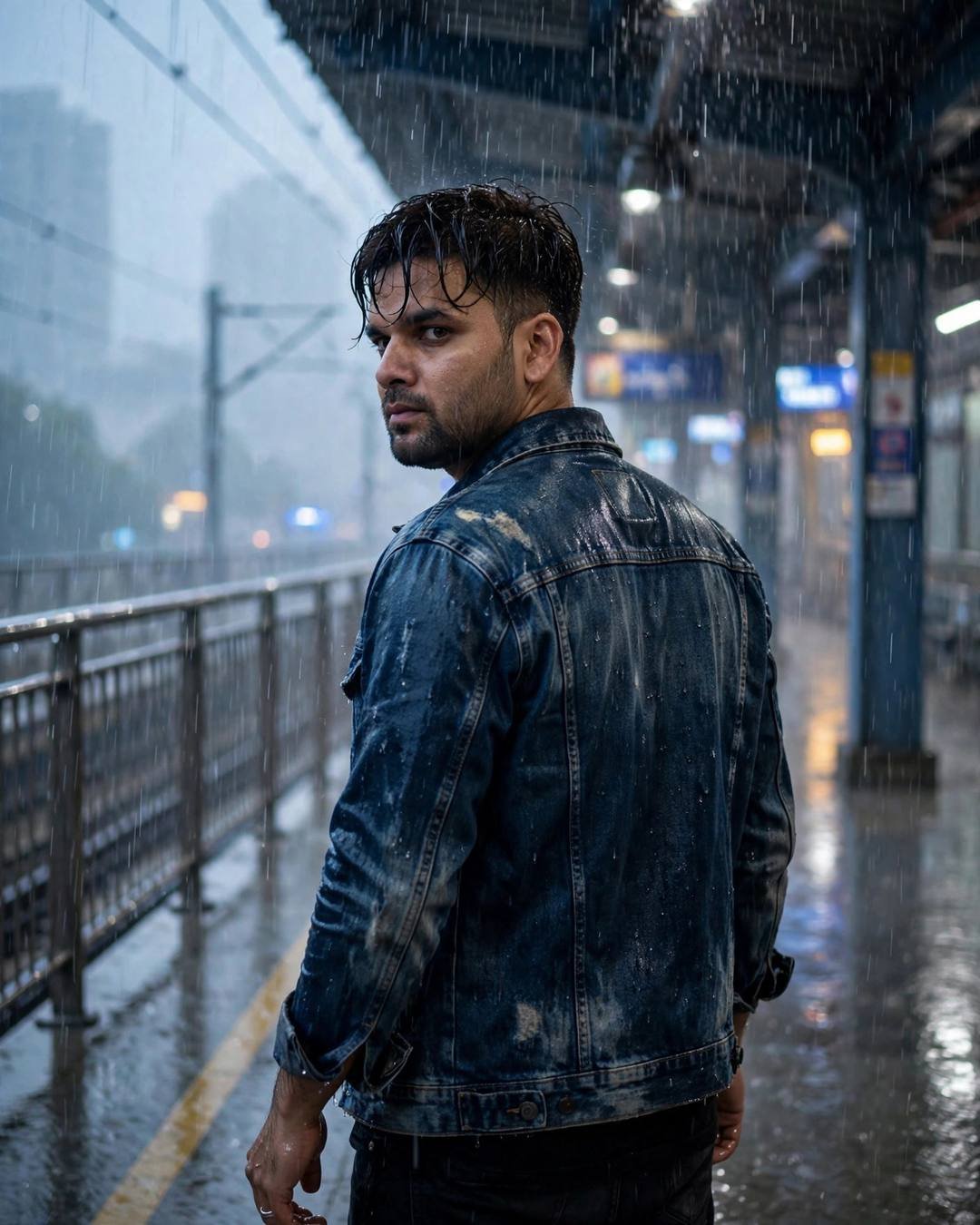 Young man in distressed denim jacket looking over his shoulder at a rain-soaked midnight metro station in blue-hour fog