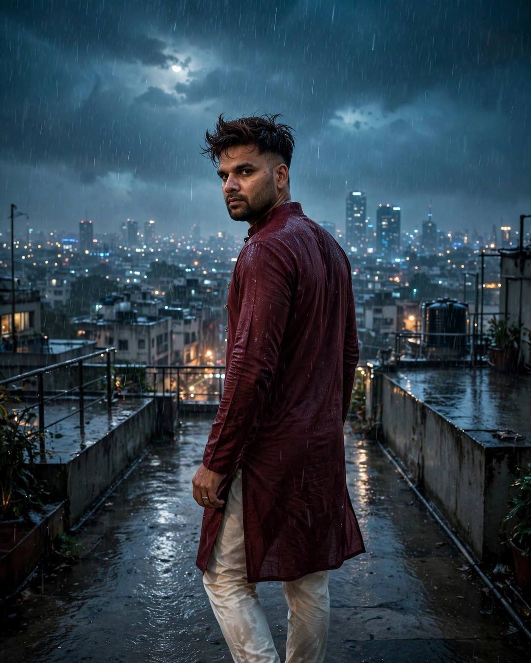 Man in maroon kurta walking a rain-soaked rooftop path overlooking glowing city lights at blue hour