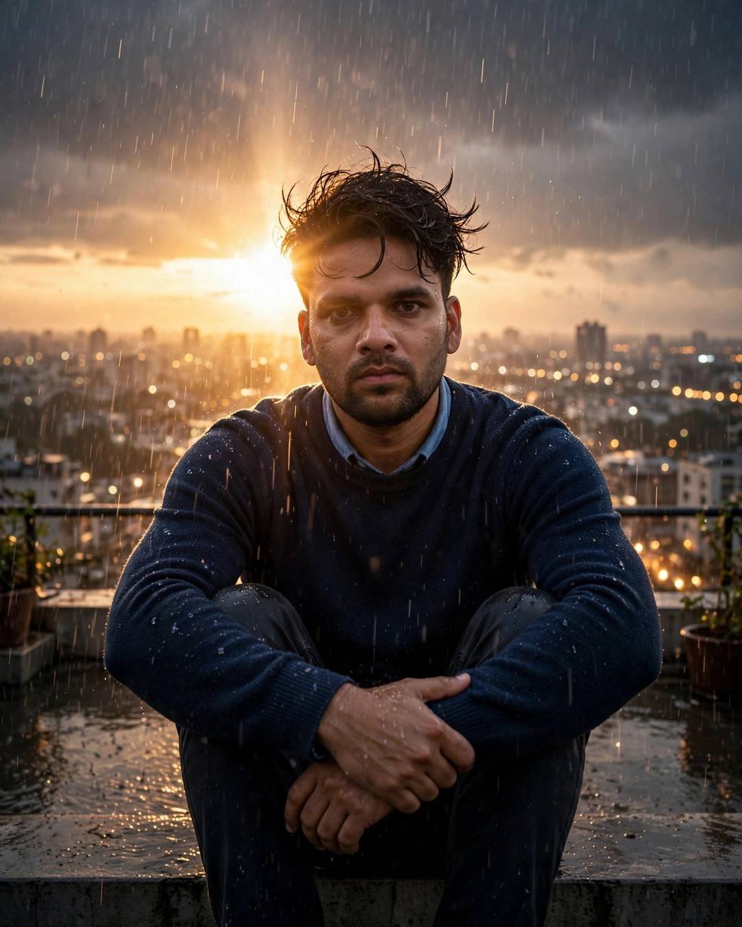 Man in navy sweater sitting with knees drawn up on a rainy rooftop, golden sun flaring behind him over city lights
