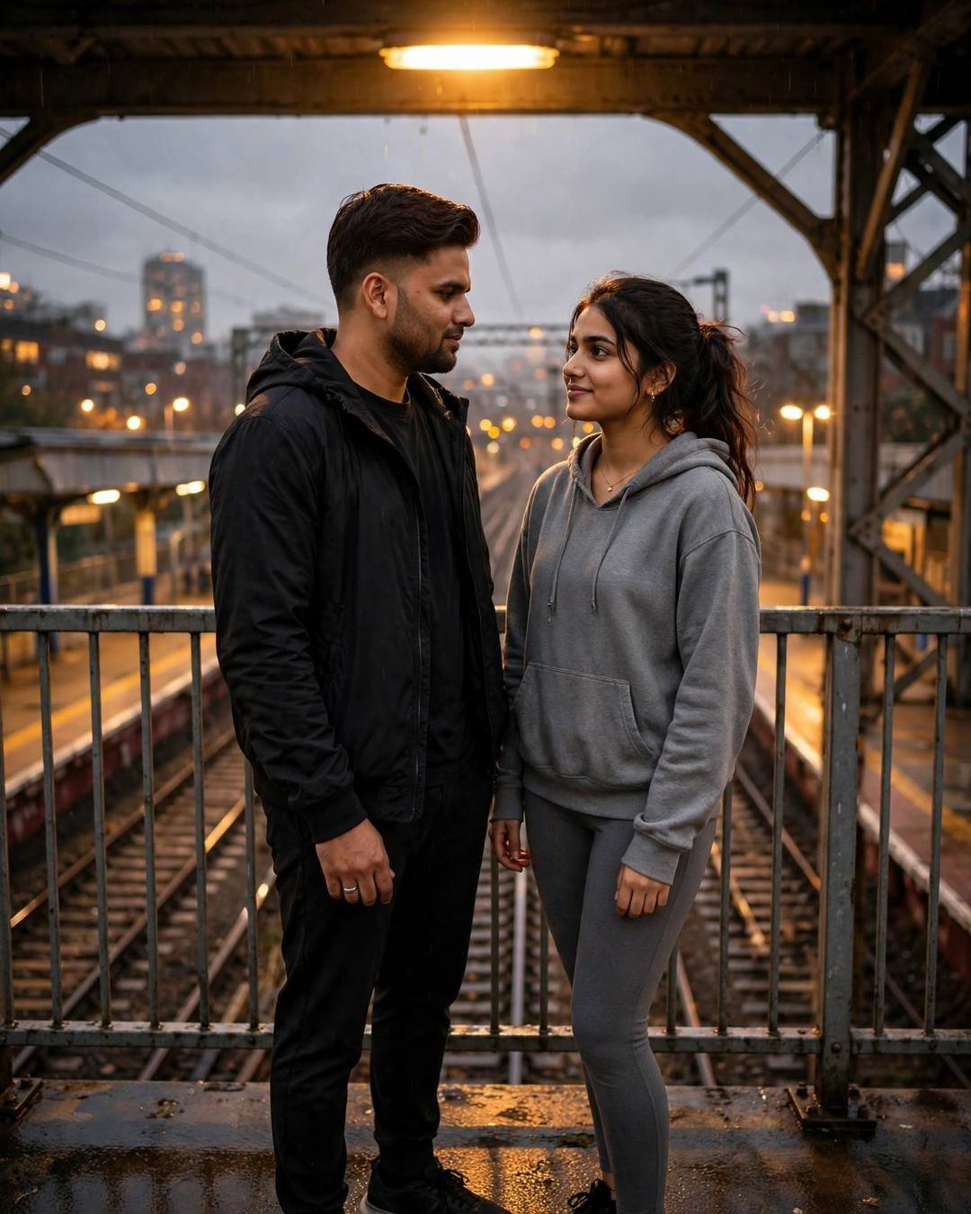 Couple standing face to face on a railway bridge at night, city lights blurred gold behind them