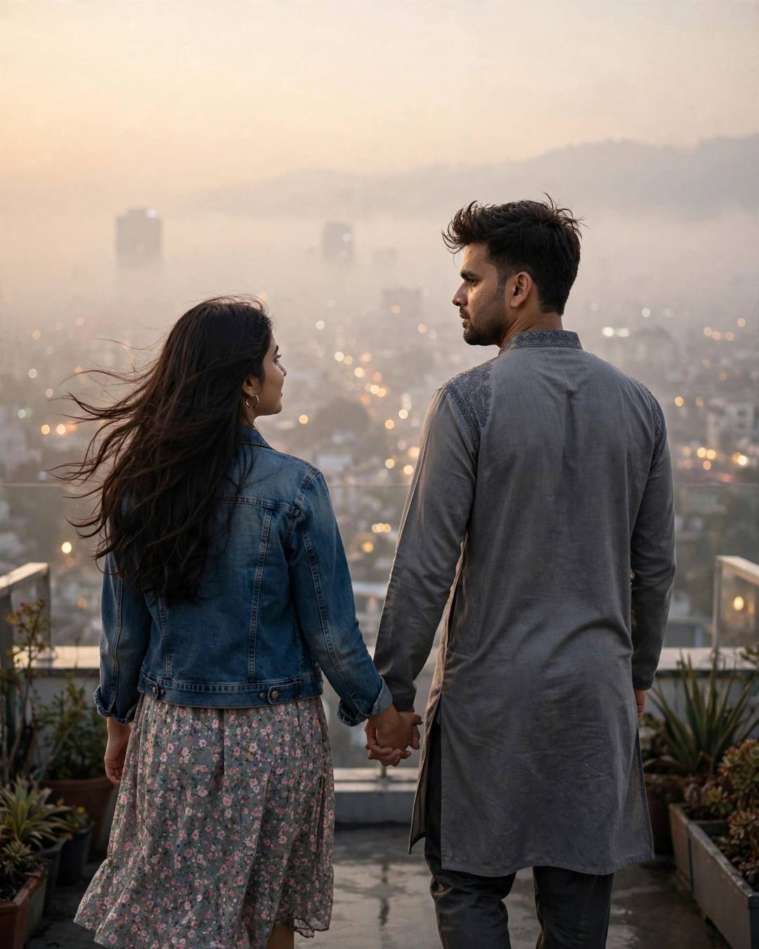 Couple walking hand in hand away from the camera on a rooftop into fog-lit dawn above a sleeping city