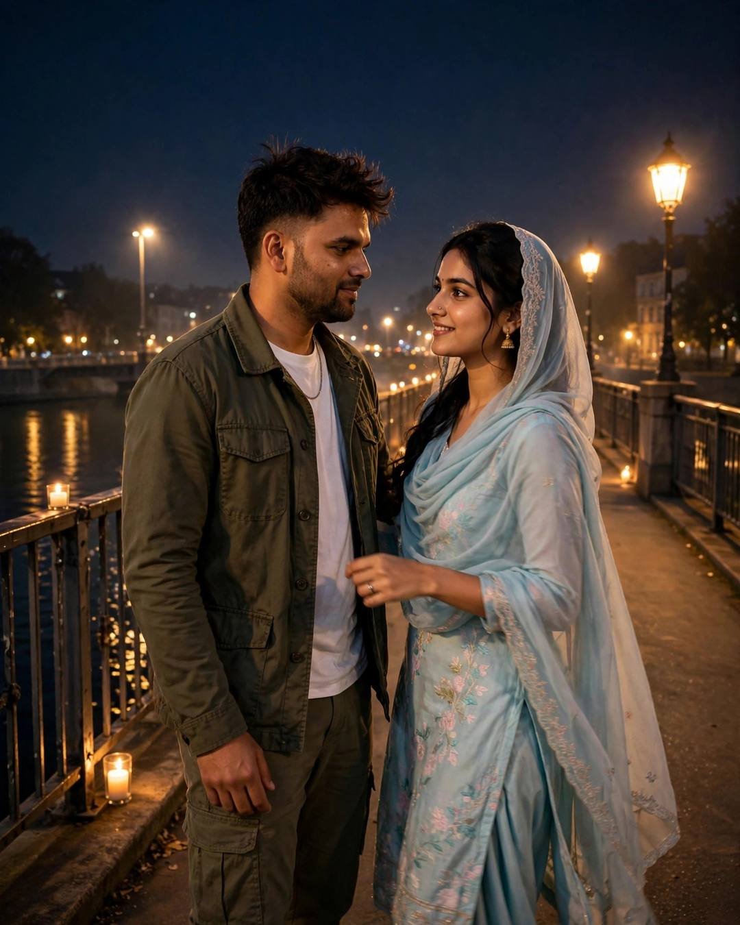 Couple standing close on a candlelit bridge over a river at night, gazing at each other
