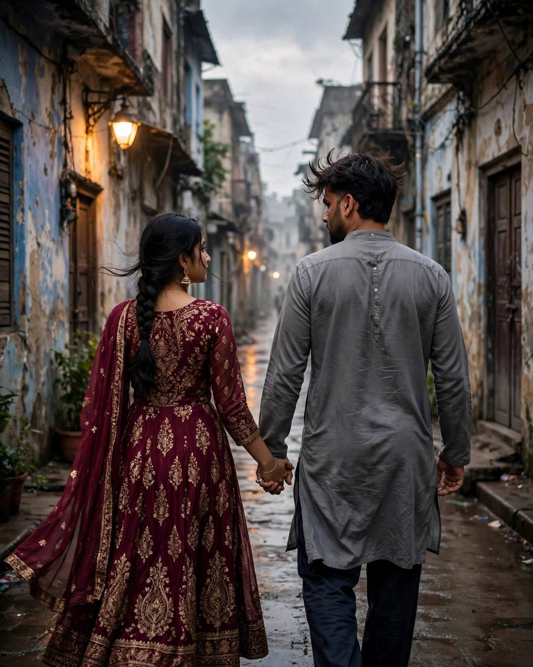 Couple walking hand in hand away down a narrow old-city lane at golden hour, woman in maroon anarkali
