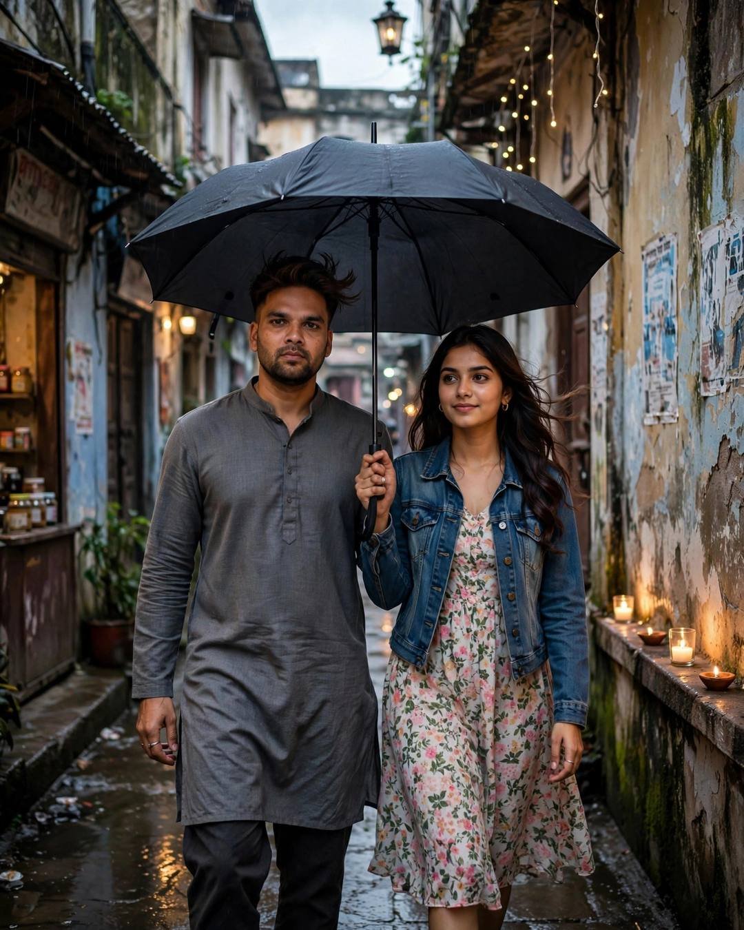 Couple walking under one umbrella through a narrow old-city lane, man in grey kurta, woman in floral dress and denim jacket, diyas glowing