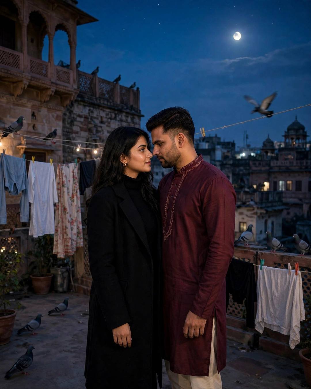 Couple face to face with foreheads almost touching on a moonlit terrace, man in maroon kurta, woman in black coat, pigeons and clotheslines