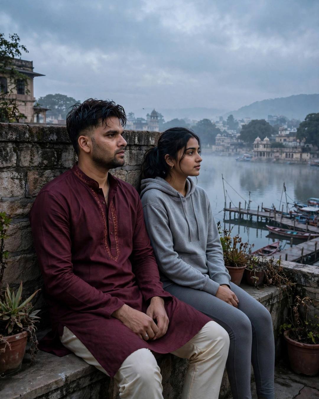 Couple seated with backs against a stone wall overlooking a misty lake at dawn, man in maroon kurta, woman in grey hoodie