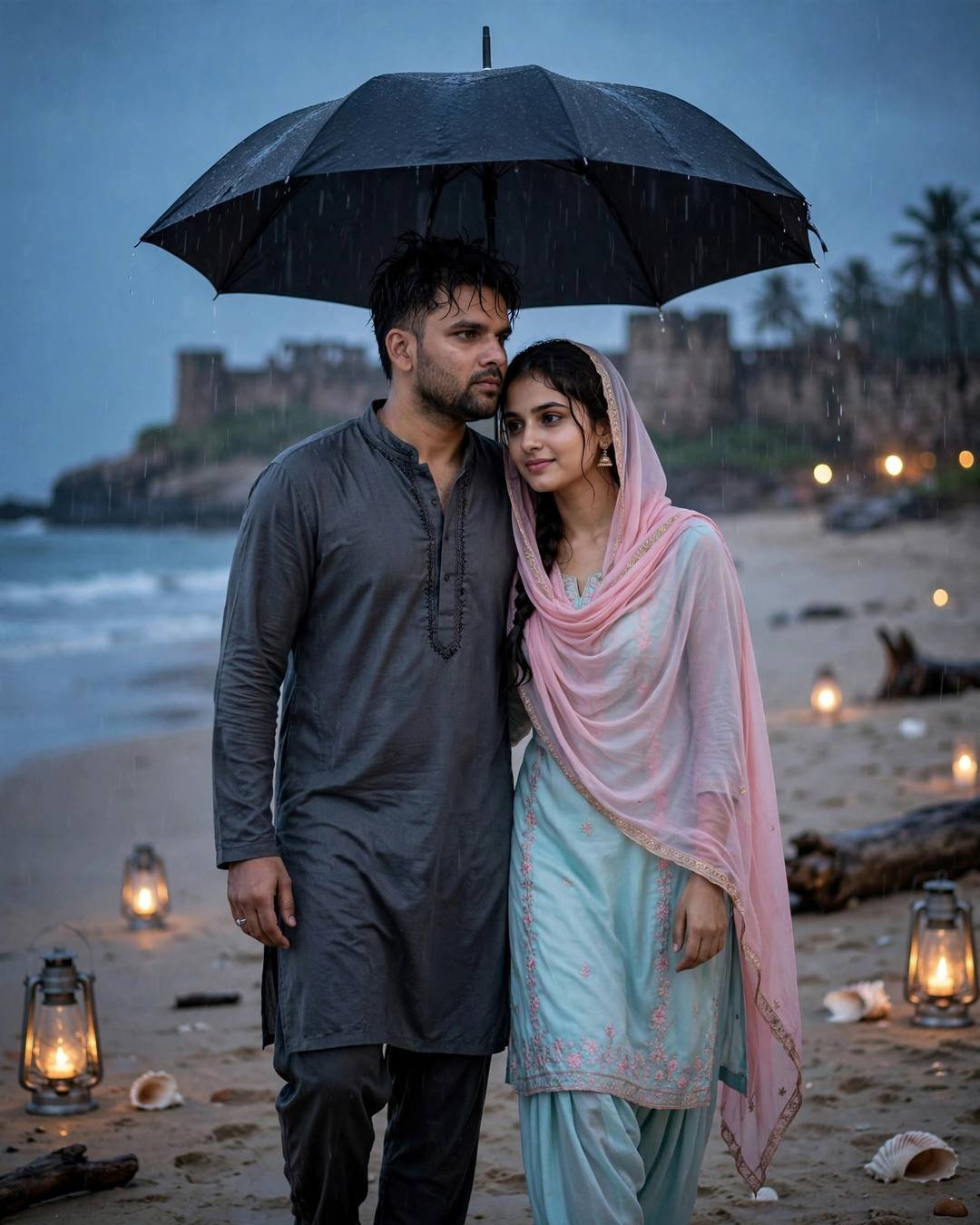 Couple walking under one umbrella on a deserted beach at dusk, man in grey kurta, woman in pastel salwar-kameez with mirror-work dupatta, lanterns glowing