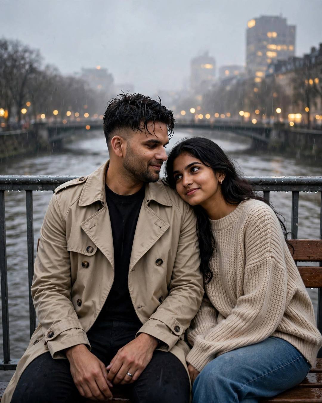 Couple sitting close on a wet bench by a river bridge, woman resting her head on the man's shoulder in the rain
