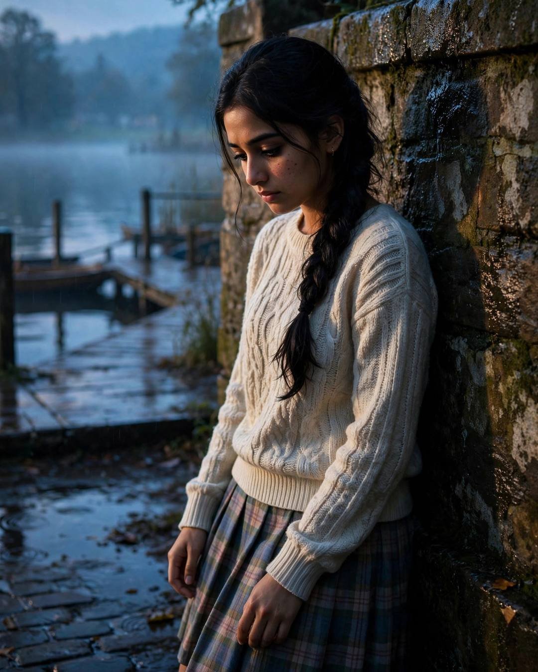 Young Indian woman in cream knit top and plaid skirt leaning against a wet stone wall by a lake pier at blue-hour dawn