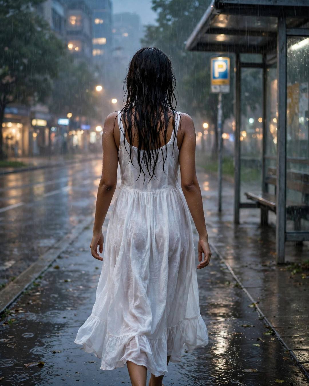 Young Indian woman in a white summer dress walking away down a rainy city path beside a bus stop