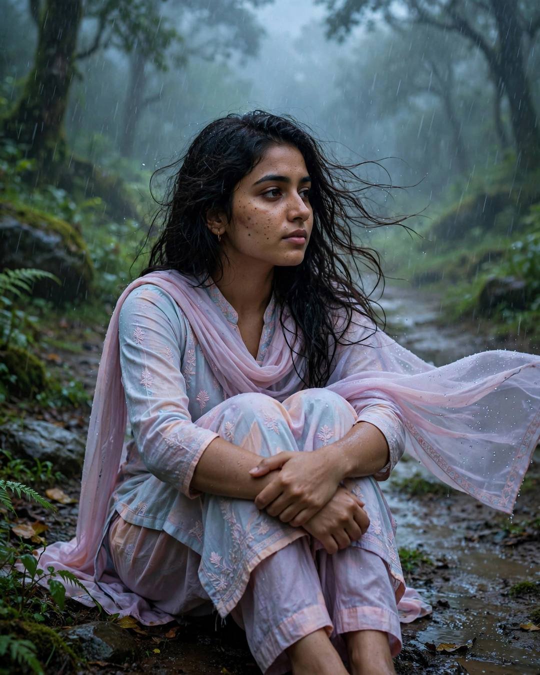 Young Indian woman in pastel salwar-kameez sitting with knees drawn up on a misty forest path in heavy monsoon rain