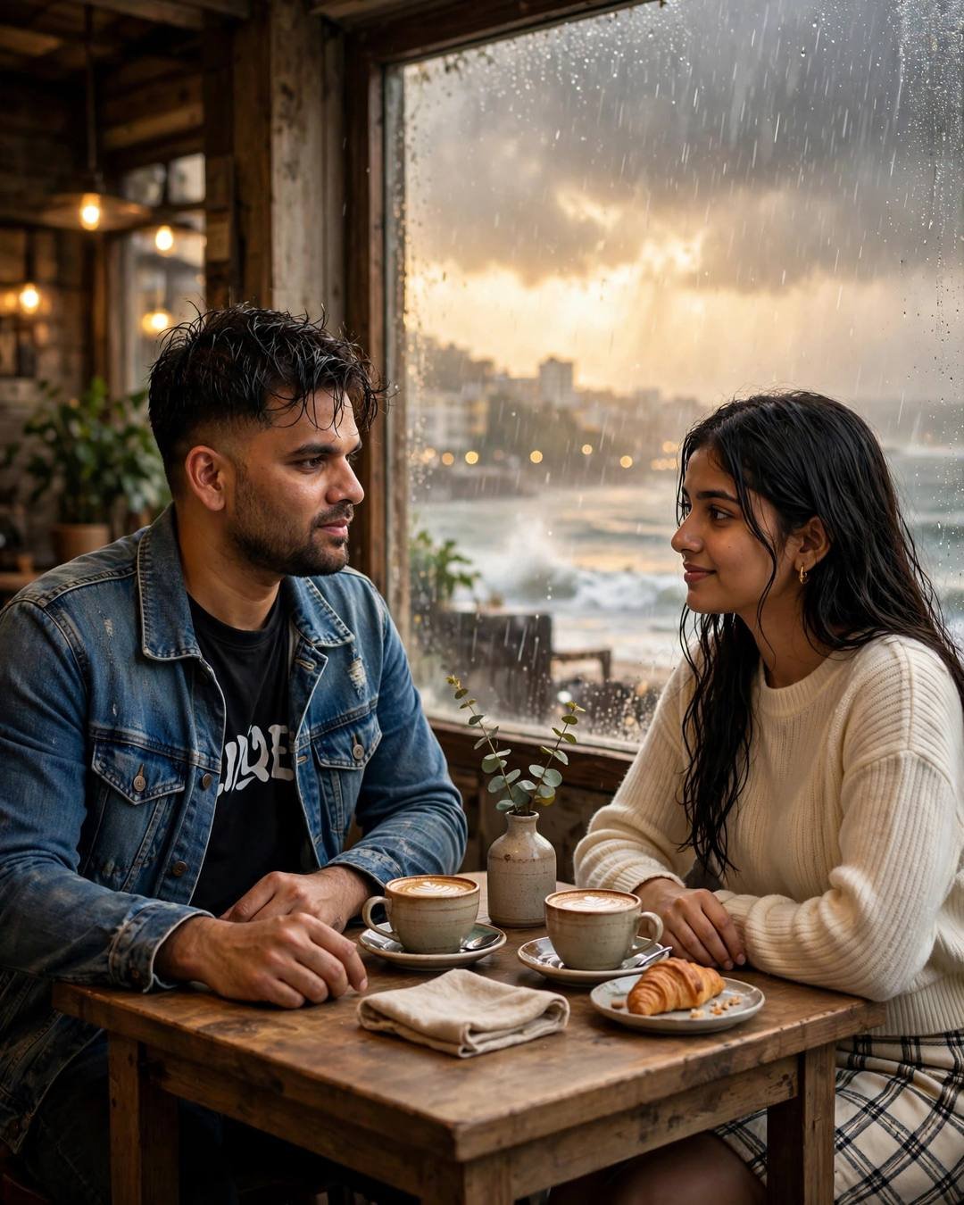 Young Indian couple across a cafe table by a rain-streaked window at golden hour, two lattes and a croissant, ocean beyond