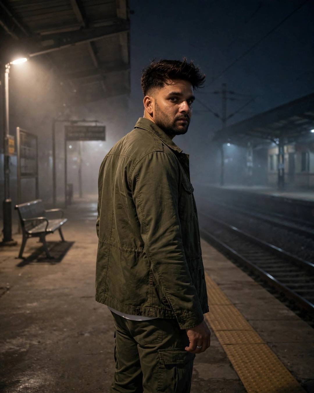 Man in olive field jacket on a foggy empty railway platform at night, glancing back over his shoulder