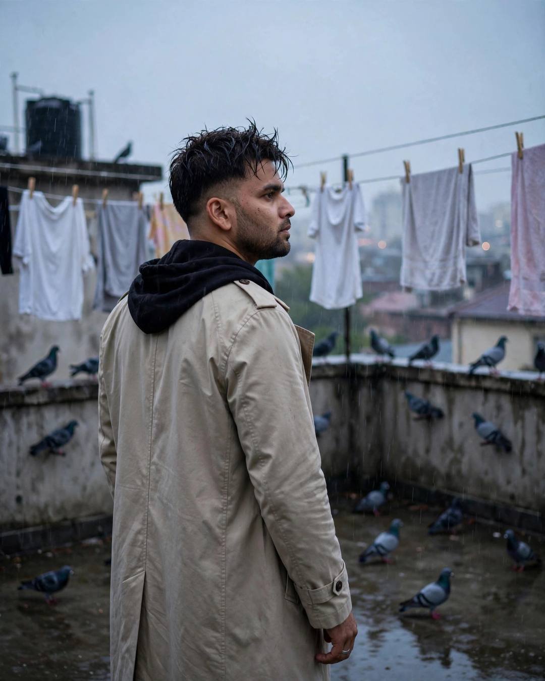 Man in beige trench coat on a rainy rooftop terrace with clothes lines and pigeons, looking over his shoulder