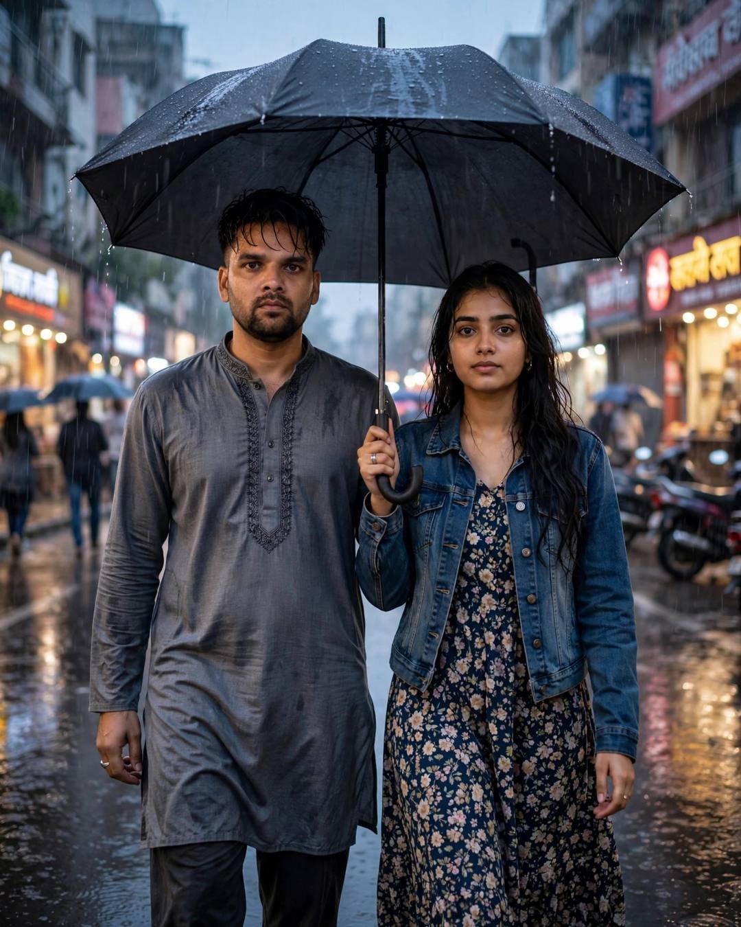 Couple under one umbrella on a rain-soaked city street at blue hour, man in grey kurta, woman in denim jacket over floral dress