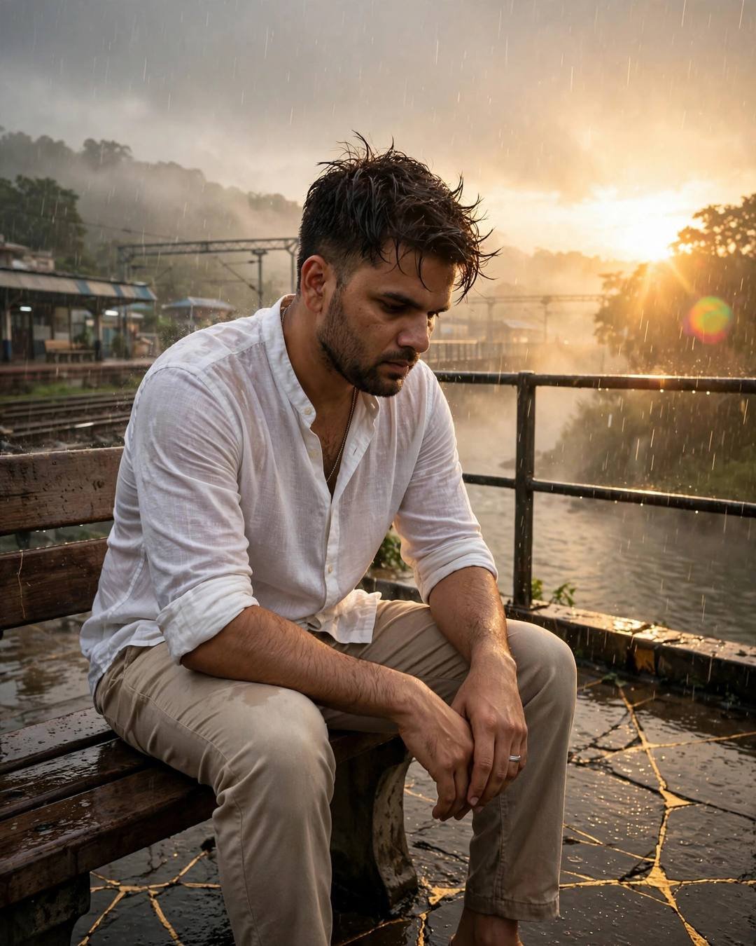 Young man in a white linen shirt sitting on a station bench with head in hands, golden sunrise flaring behind, gold-veined wet pavement