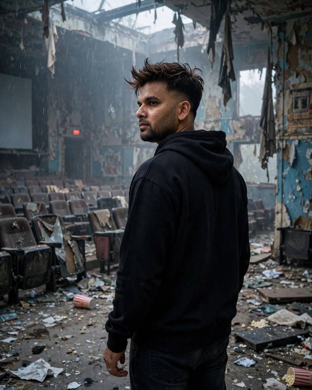 Young man in a black hoodie standing in a ruined cinema hall, looking over his shoulder