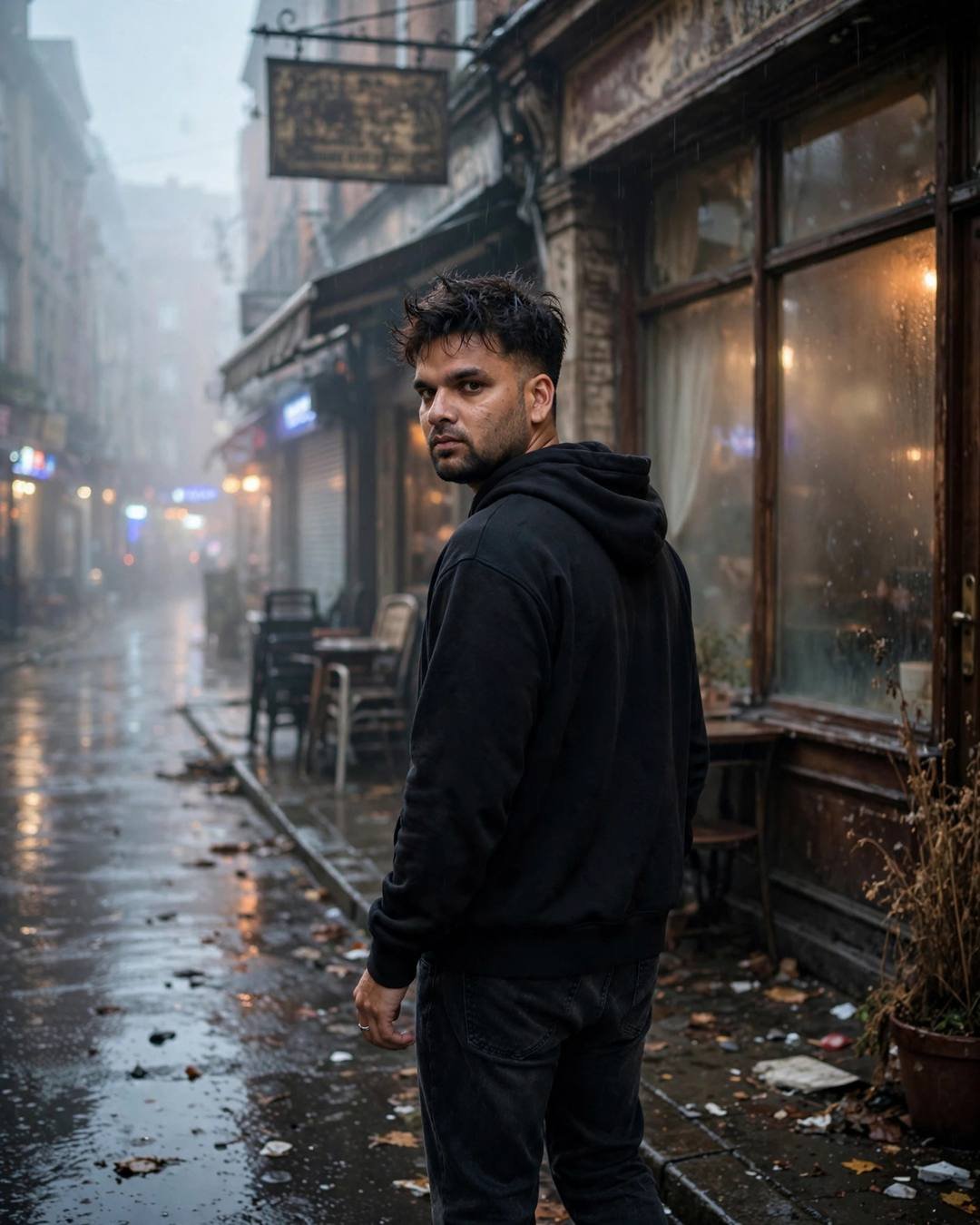 Young man in a black hoodie walking away down a rainy dawn street