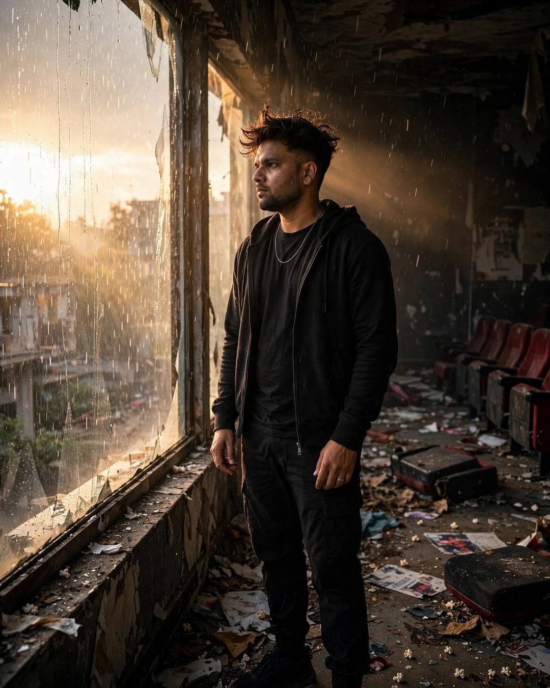 Young man in black streetwear at a rain-streaked window in an abandoned cinema
