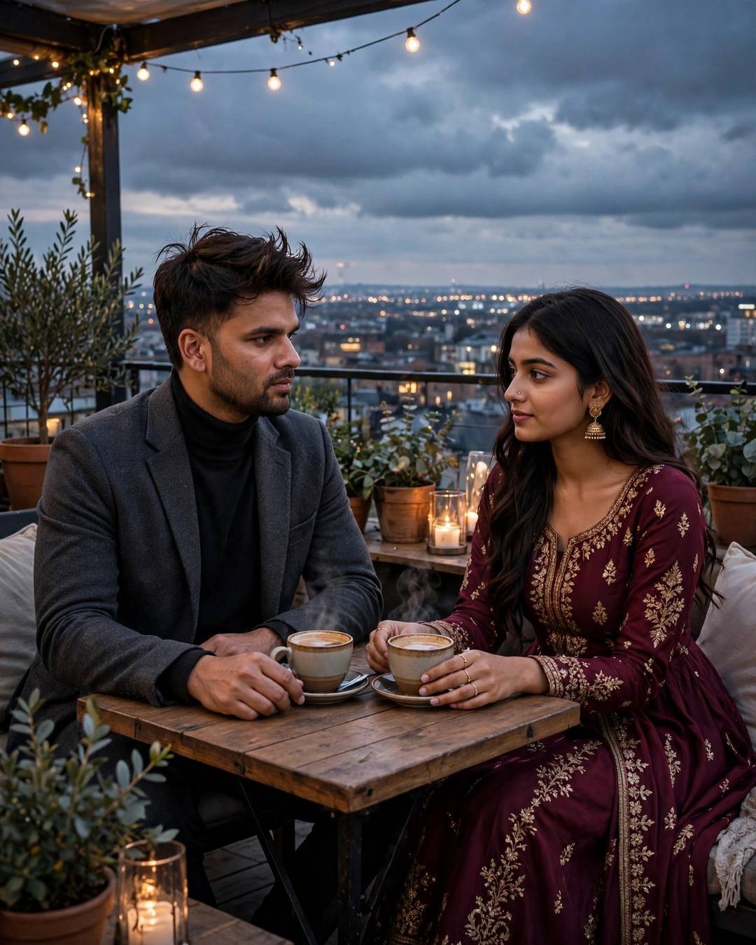 Couple across a small rooftop café table with steaming coffee cups, city lights below at night